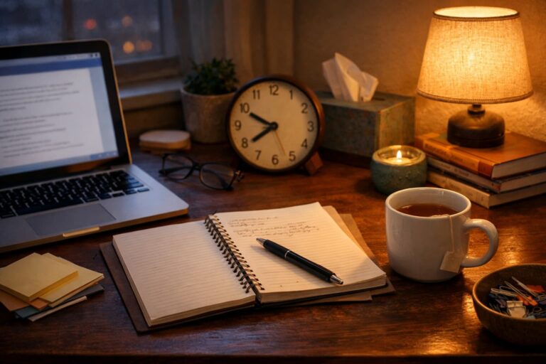 A therapist's desk with notes and laptop representing the admin burden AI tools for therapists can reduce